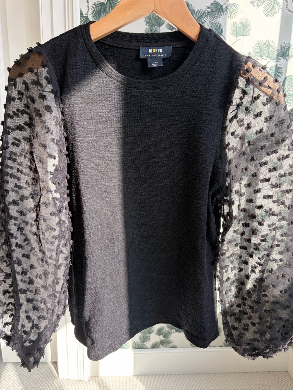 Maeve Black Textured Knit Top with Sheer Puff Dot Sleeves
